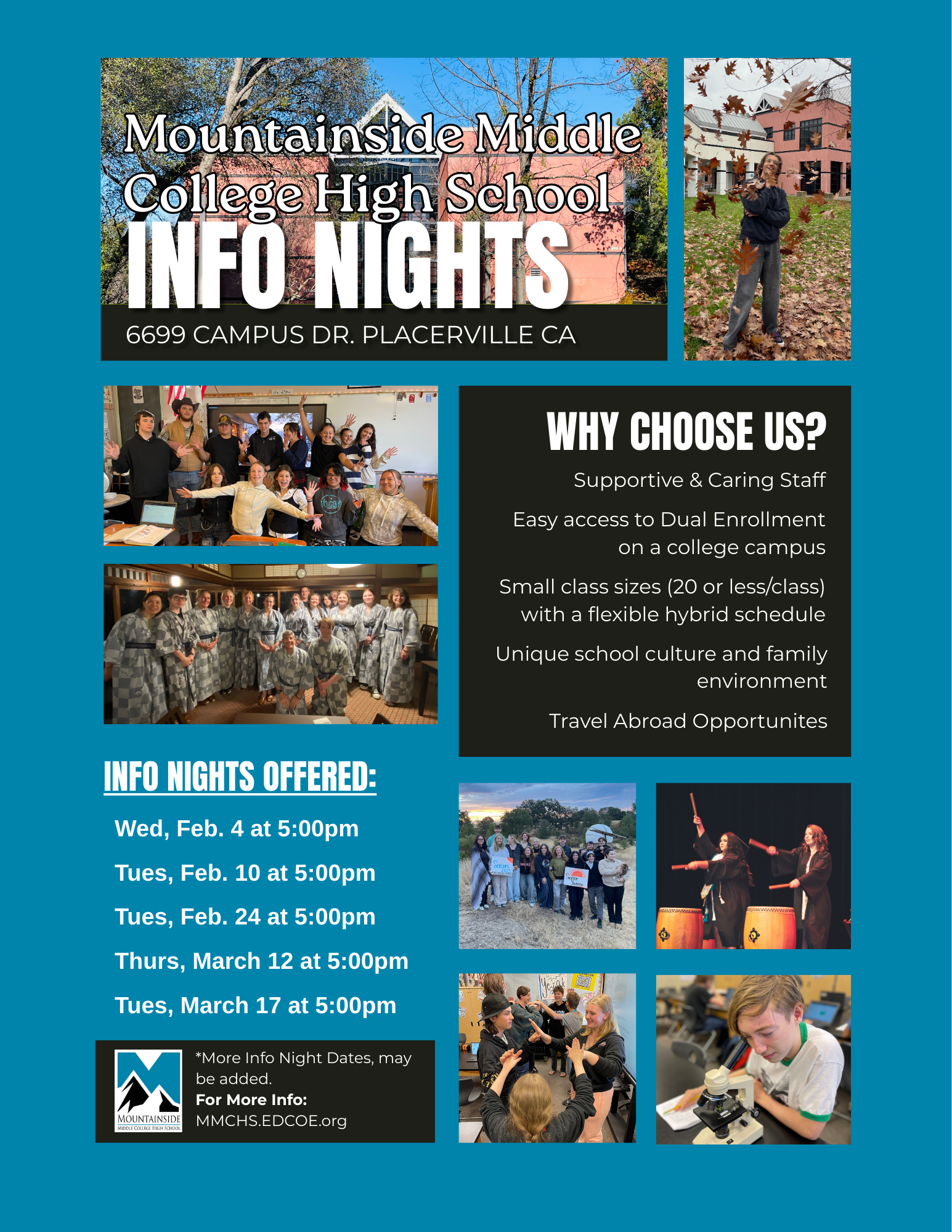 MMCHS Family Informationals: January 14 at 4 PM, January 27 at 4 PM, February 4 at 5 PM, February 24 at 5 PM. Meet staff, learn about the program, and get questions answered. No RSVP required. Contact 530-622-8594 or mmchs@edcoe.org.