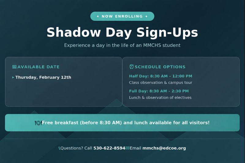 Mountainside Middle College High School Shadow Day Sign-Up Banner. Now Enrolling. Available dates: Monday January 27th, Wednesday January 29th, and Wednesday February 12th. Schedule options: Half Day from 8:30 AM to 12:00 PM includes class observation and campus tour; Full Day from 8:30 AM to 2:30 PM includes lunch and observation of electives. Free breakfast served before 8:30 AM and lunch available for all visitors. Questions? Call 530-622-8594 or email mmchs@edcoe.org.